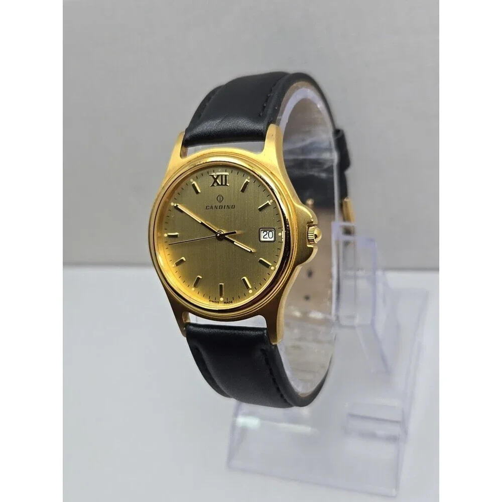 Candino Swiss Made Gold Tone Date Dress Watch Leather Band New Battery Ref 13854